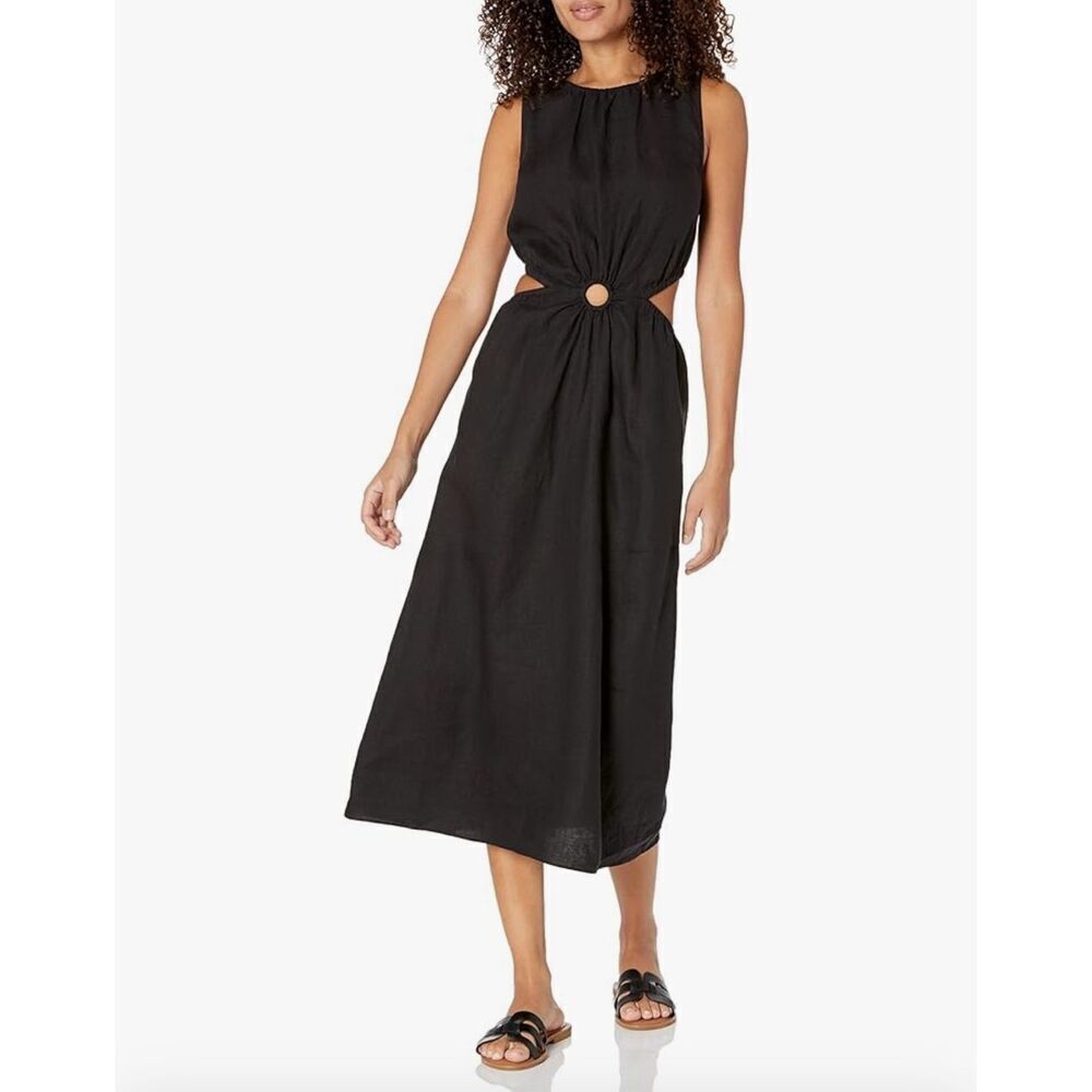 NEW Black The Drop Linen Sade Linen Cut Out Midi Dress XS